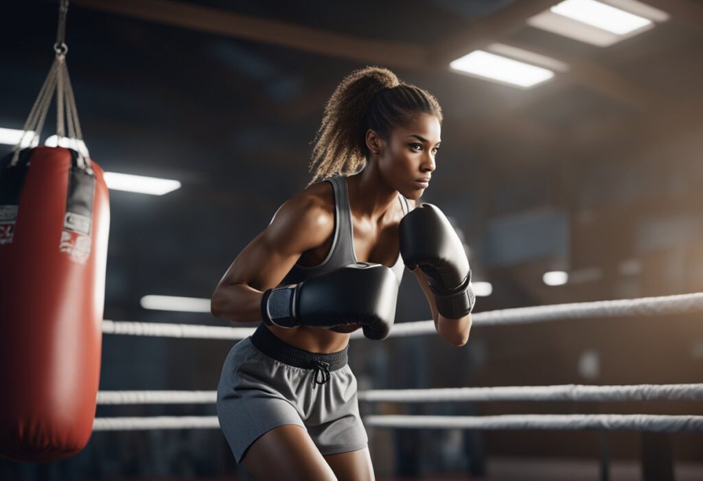 A woman in boxing gloves, punching a heavy bag with determination and focus. The gym is filled with energy and motivation as she works on her strength and agility