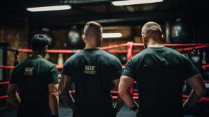 Three boxers observing a boxing ring in gym.