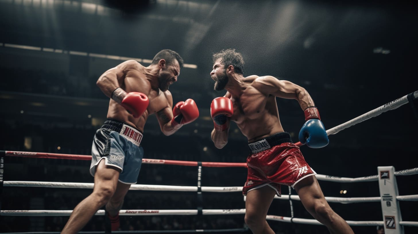 Two male boxers exchanging punches in a boxing ring during a competitive match.