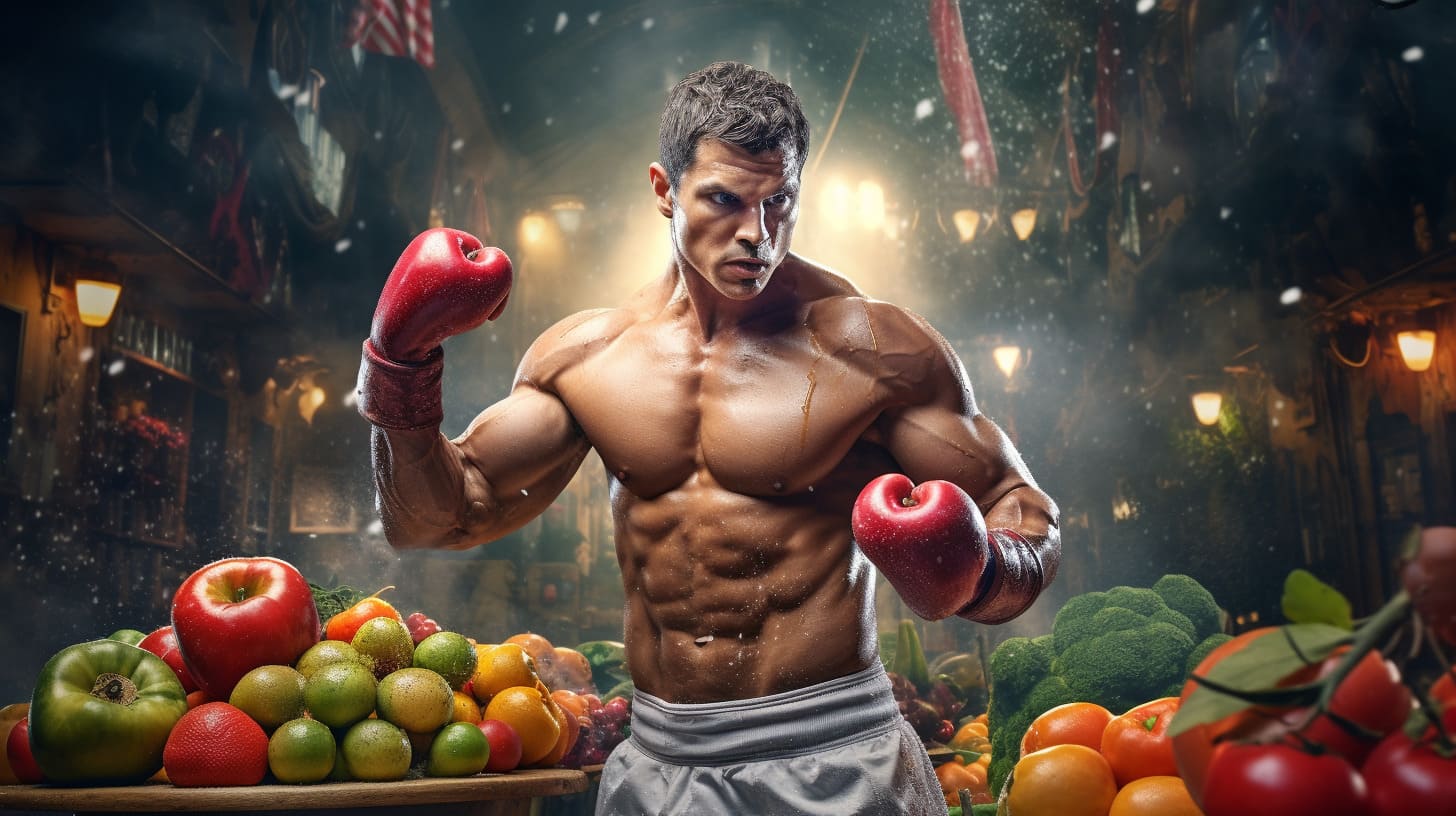 Muscular boxer with red gloves posing among fresh fruits and vegetables.