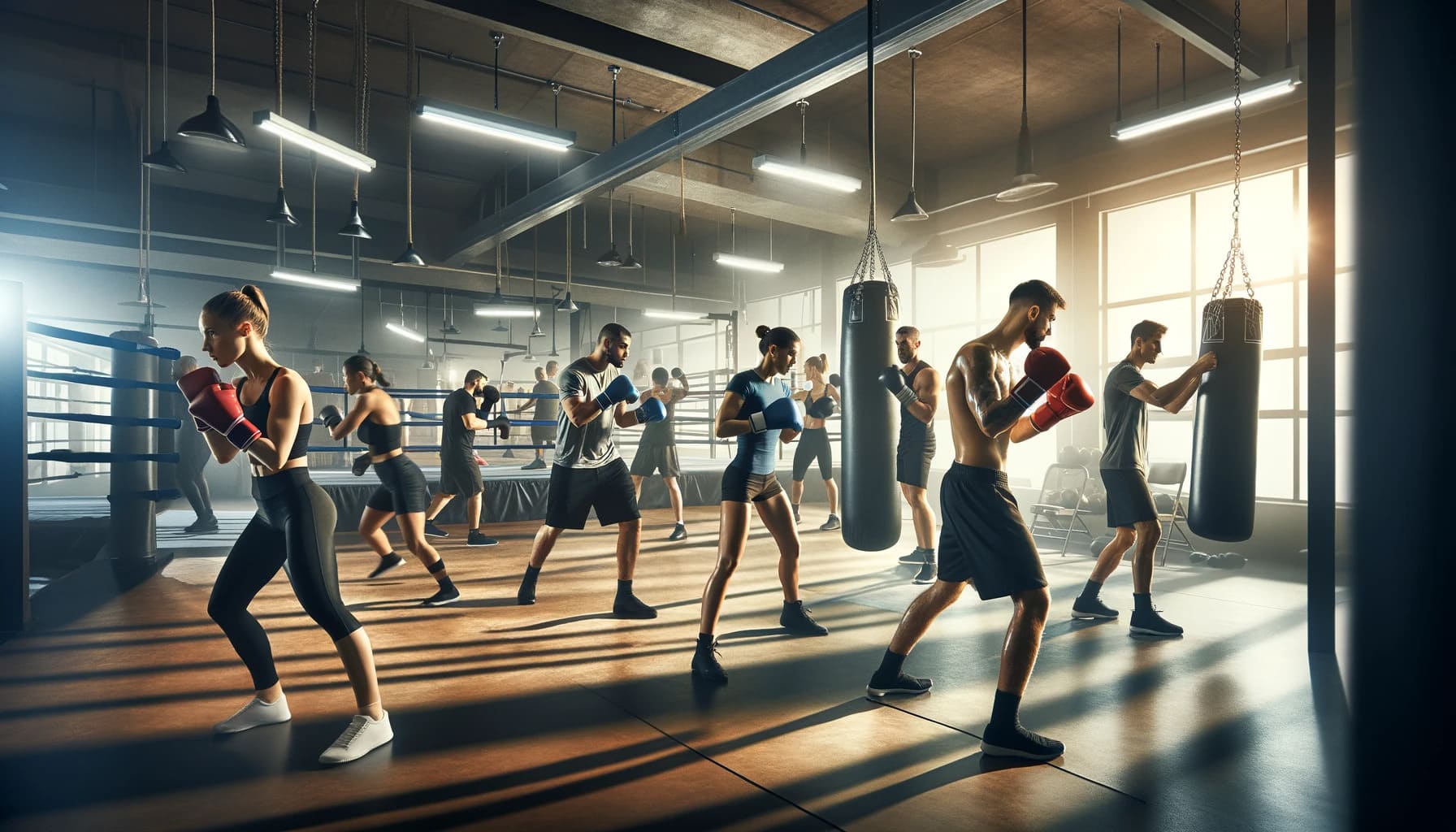 Group of people training in boxing gym with punching bags and boxing ring