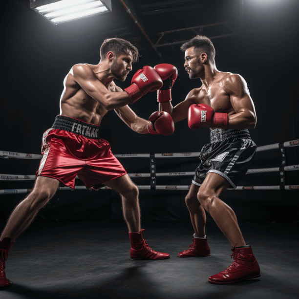 Two male boxers engaging in a match inside a boxing ring