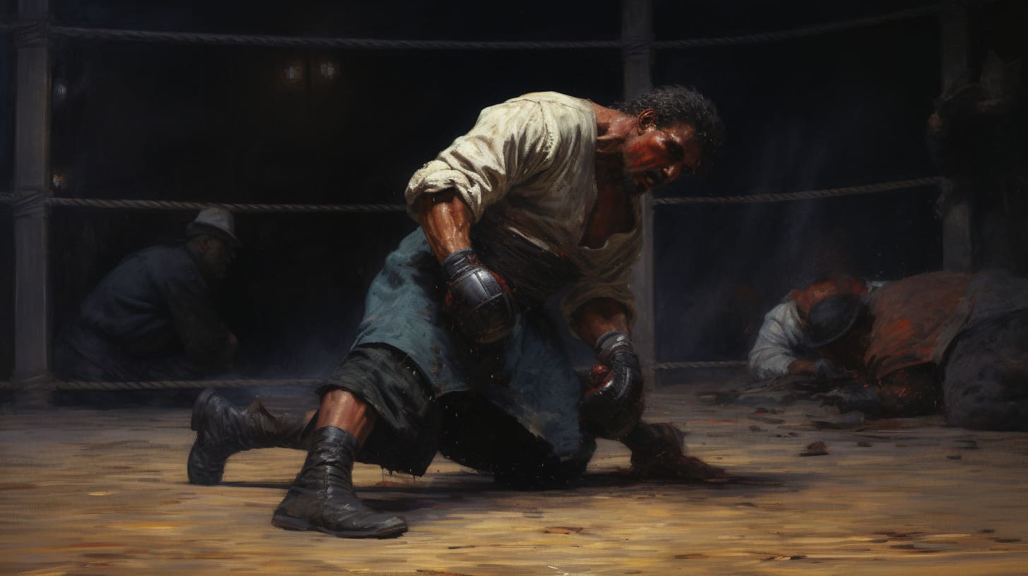 Dramatic oil painting of a wounded boxer in the ring with spectators in the background.
