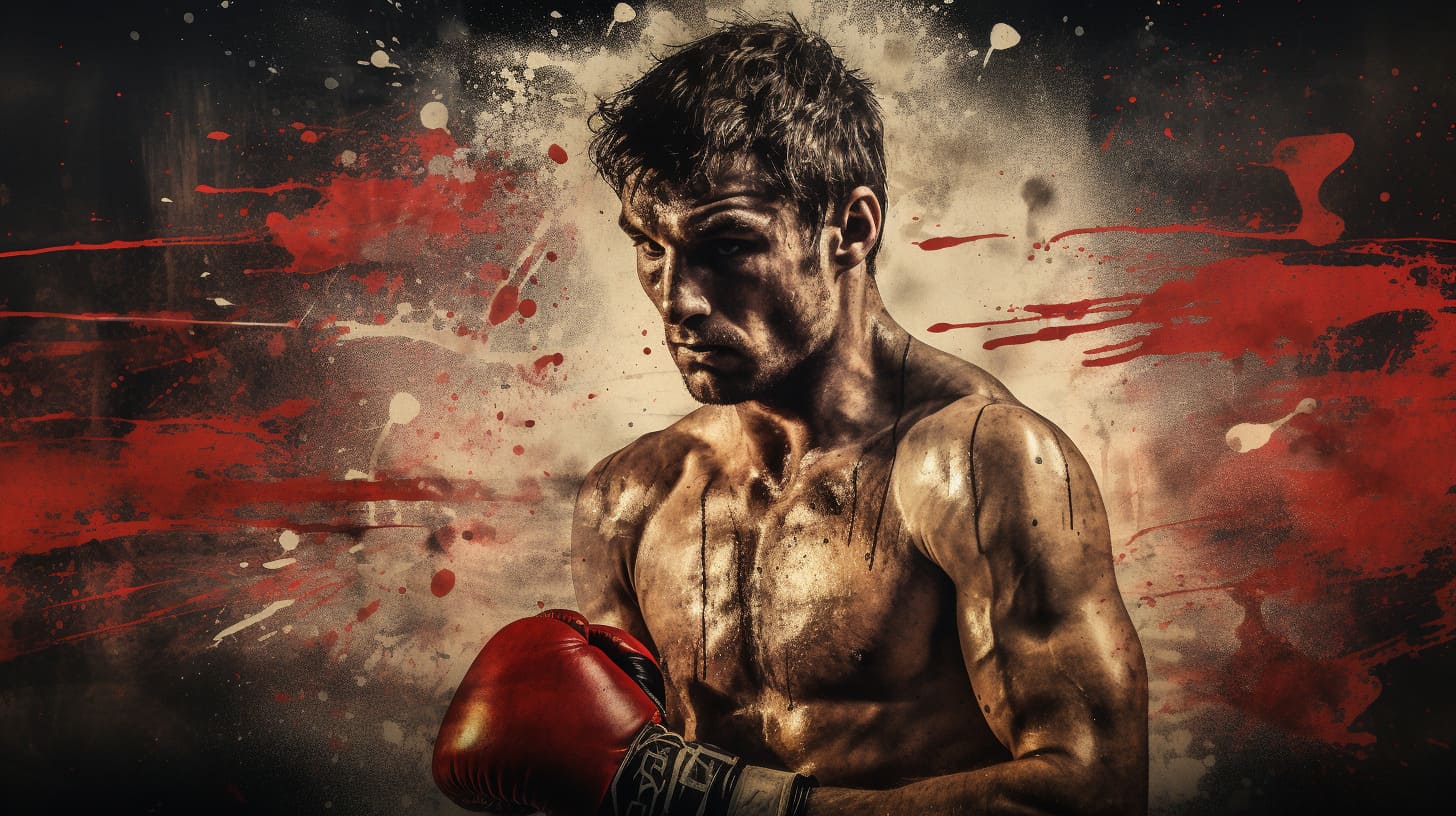 Intense male boxer with red boxing gloves ready to fight in a dramatic atmosphere