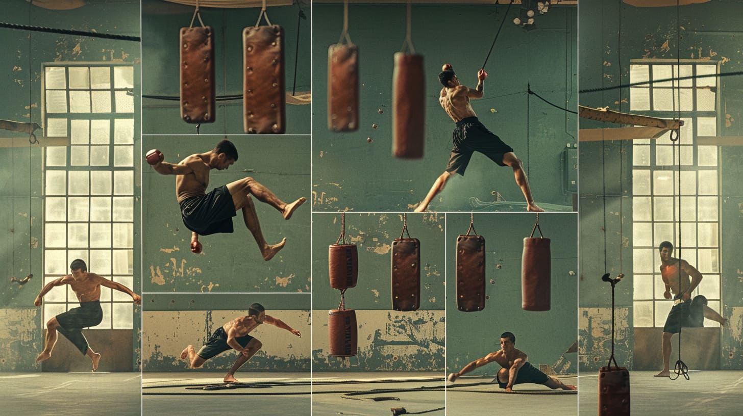 Dynamic montage of a male athlete performing various boxing training exercises in a vintage gym setting.