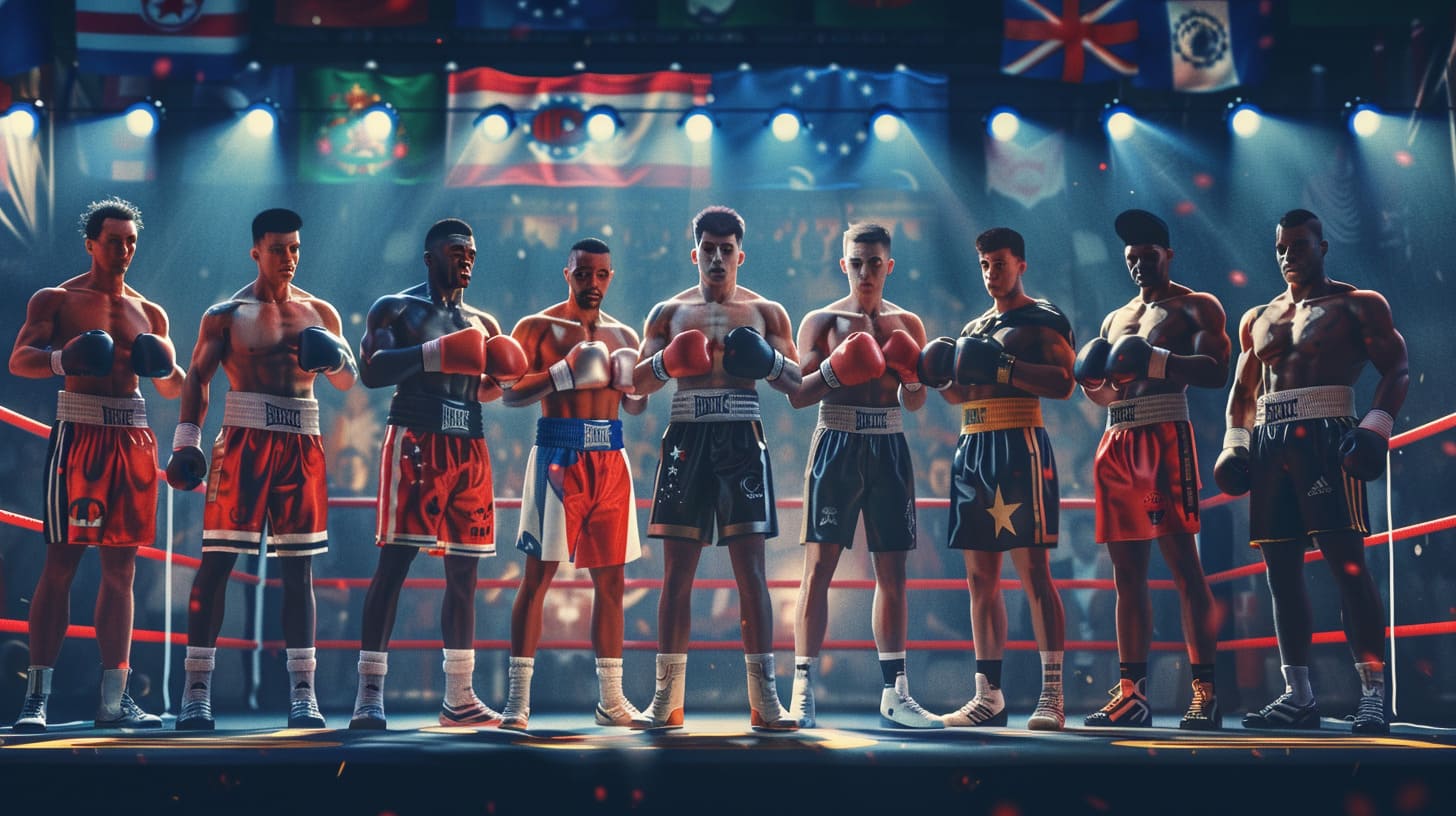 Group of male boxers standing in the ring with international flags in the background before a boxing match.