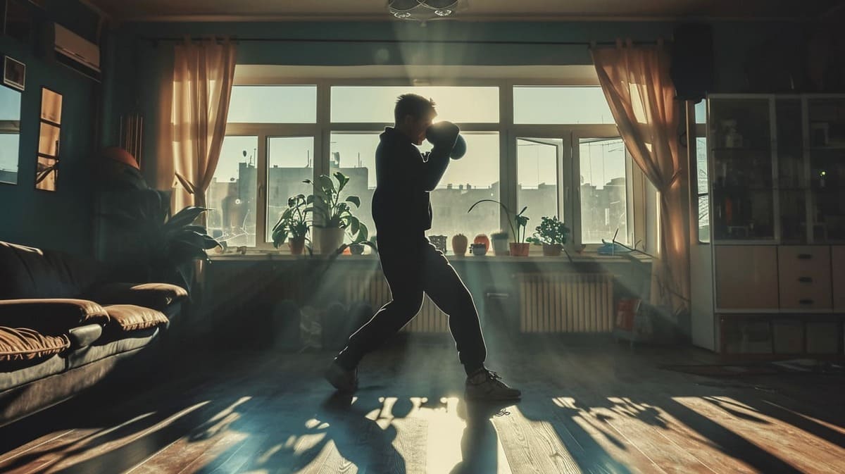 Man boxing in sunlit home gym with large windows and plants