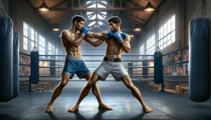Two male athletes sparring in a boxing ring at a traditional gymnasium.