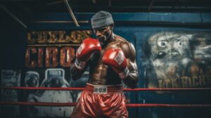 Focused boxer training in ring at gym with determination