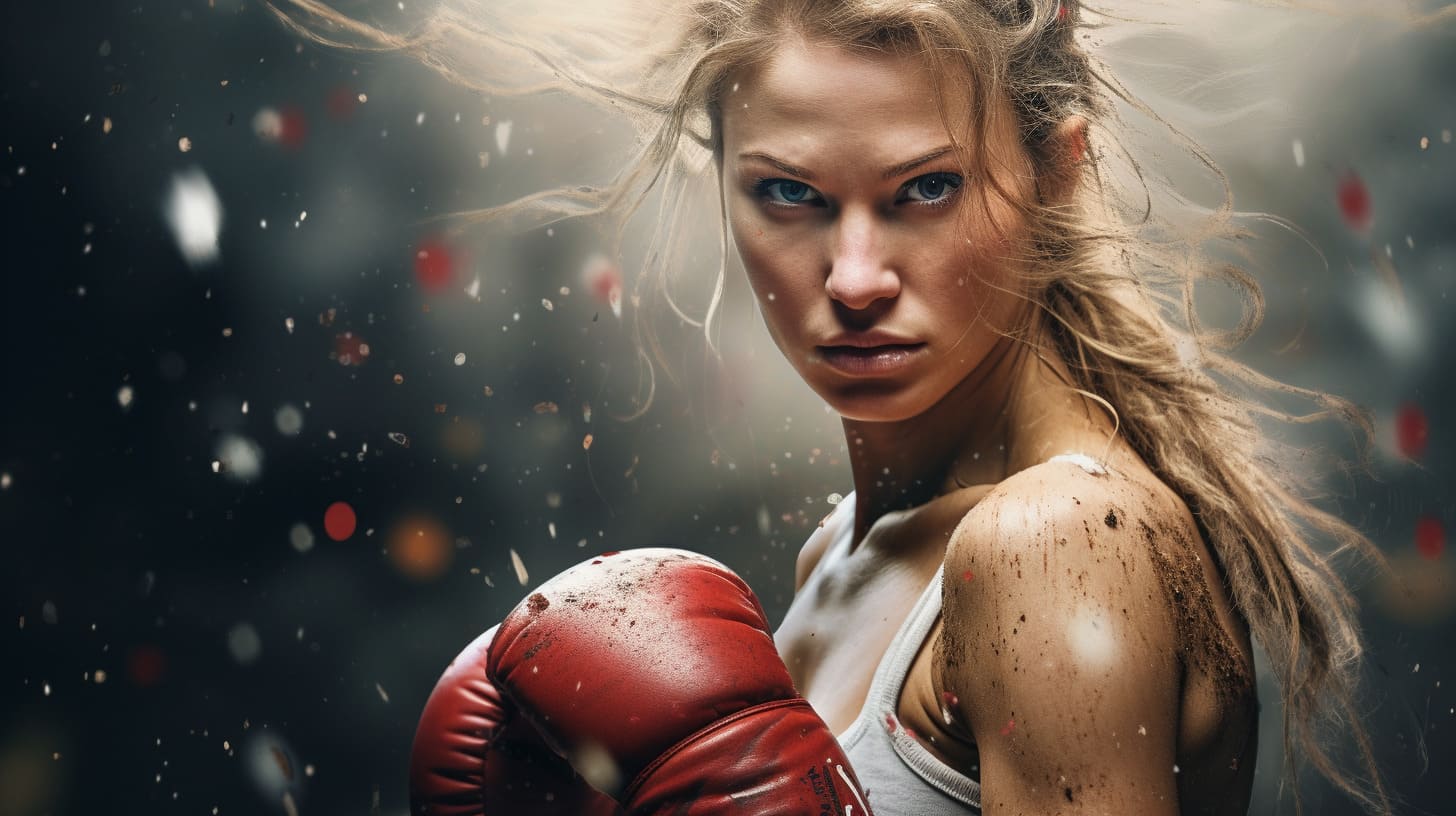 Intense female boxer with determined expression wearing red boxing gloves
