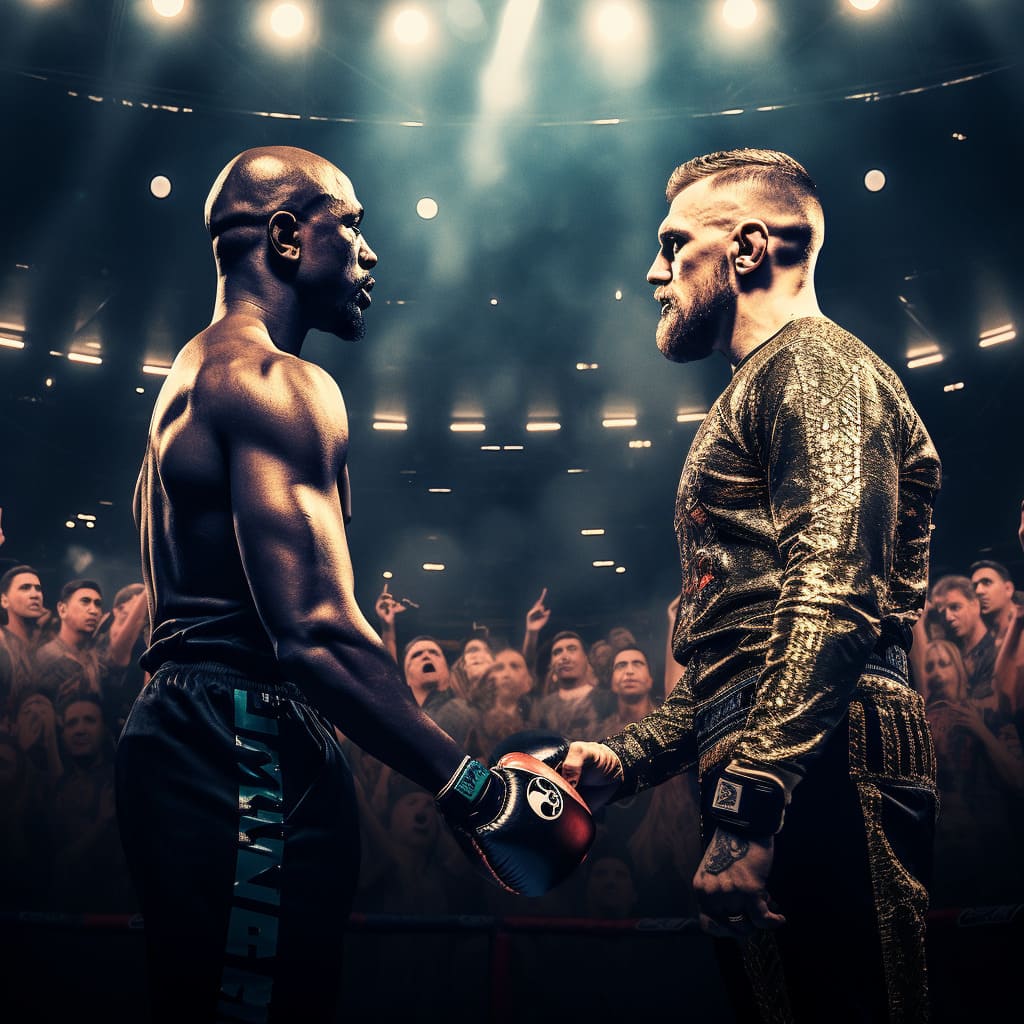 Two boxers facing off in the ring before a match with an excited crowd in the background.