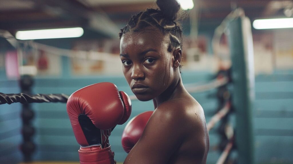 Focused female boxer with red gloves in a boxing ring