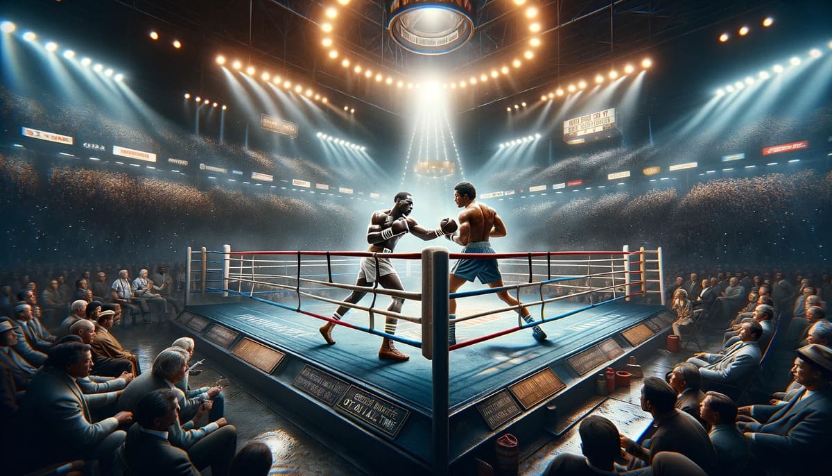 Boxing match in a crowded arena with two boxers engaging in a fight under bright lights