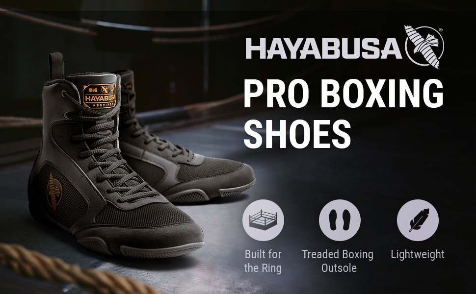 Hayabusa Pro Boxing Shoes displayed in a boxing ring environment with icons highlighting their built for the ring, treaded outsole, and lightweight features.