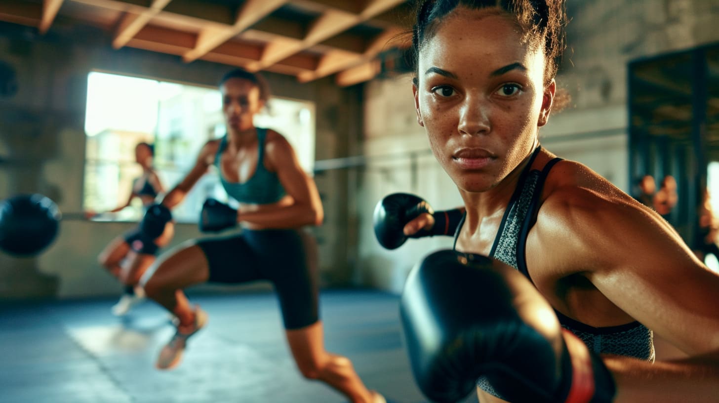 Focused female boxer training in a gym with reflection in mirror