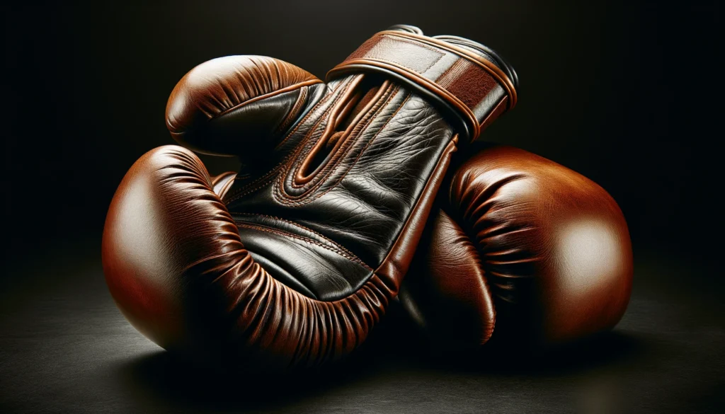 Pair of brown leather boxing gloves on a dark background