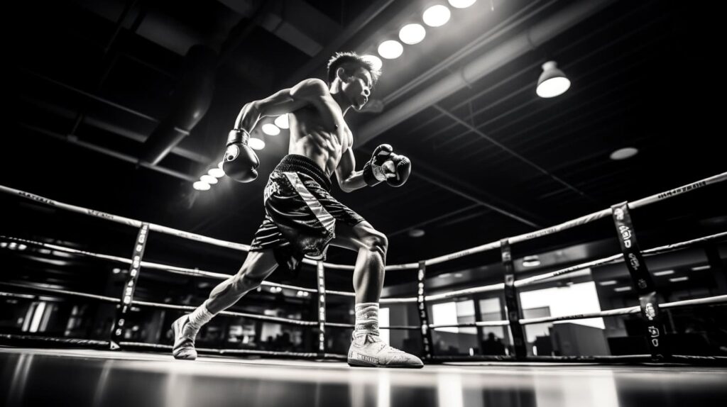 Dynamic black and white photo of a male boxer training in the ring