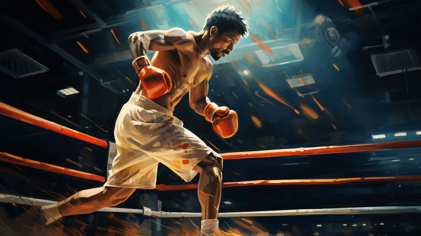 Dynamic illustration of a boxer in the ring preparing to throw a punch