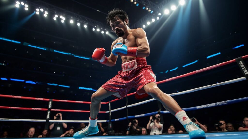 Professional boxer in the ring at a match showing active stance and concentration.