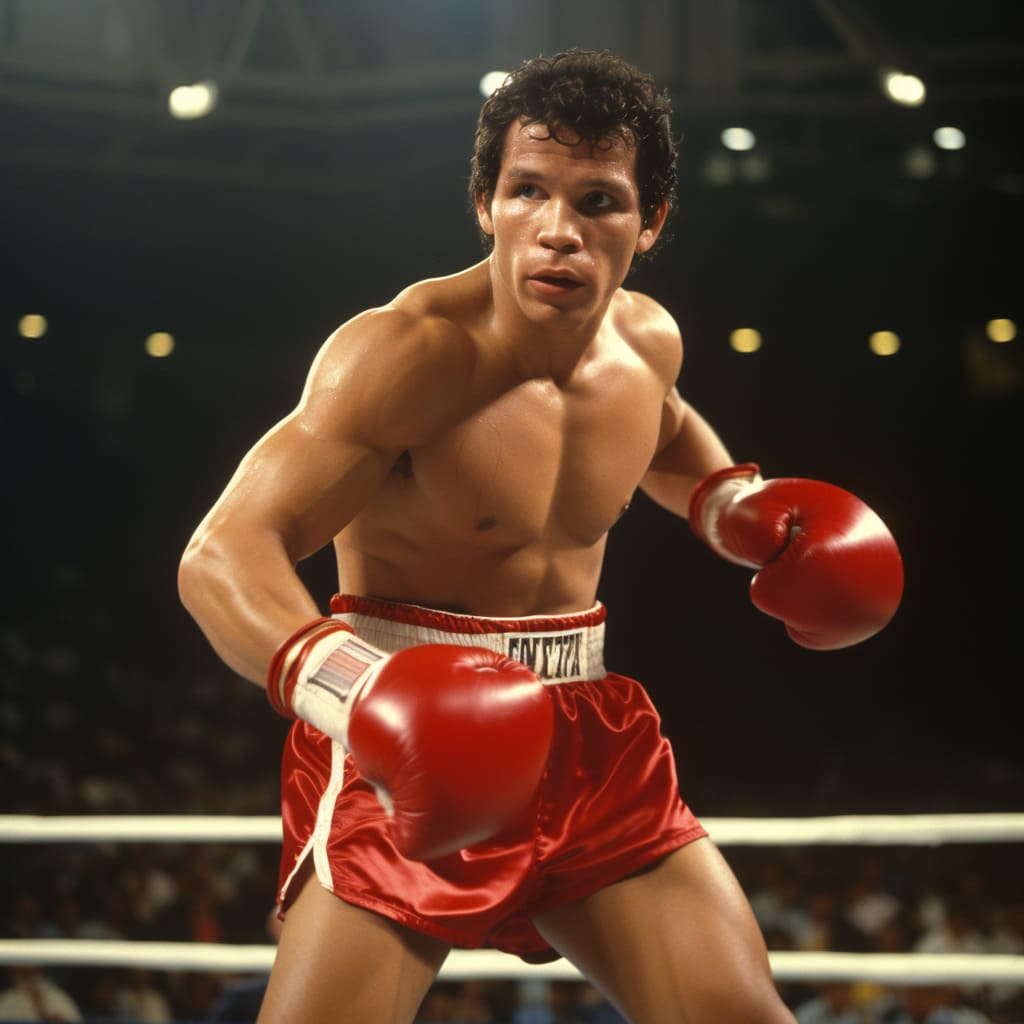 Professional boxer in red shorts and gloves poised for a match in the ring