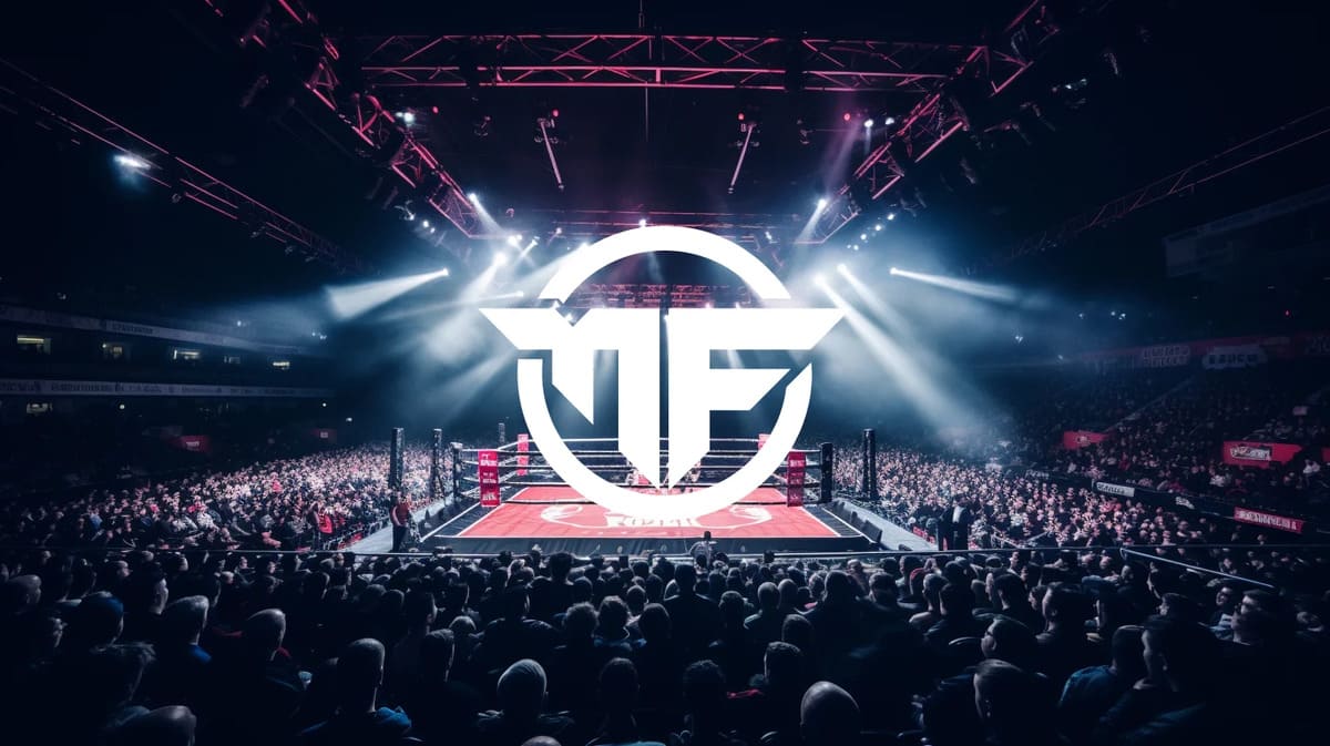 Crowded MMA event with spotlight on cage and prominent organization logo