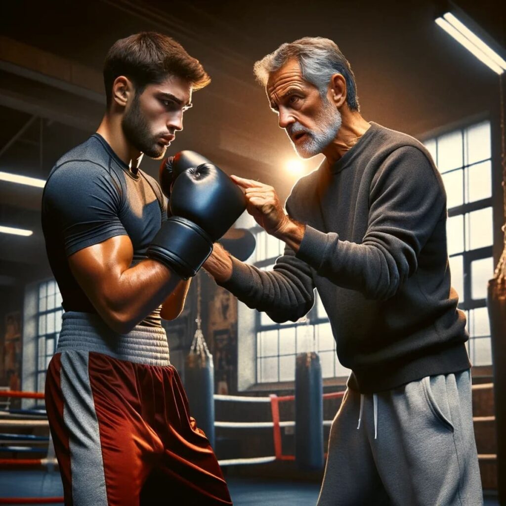 Young boxer training with older coach in boxing gym