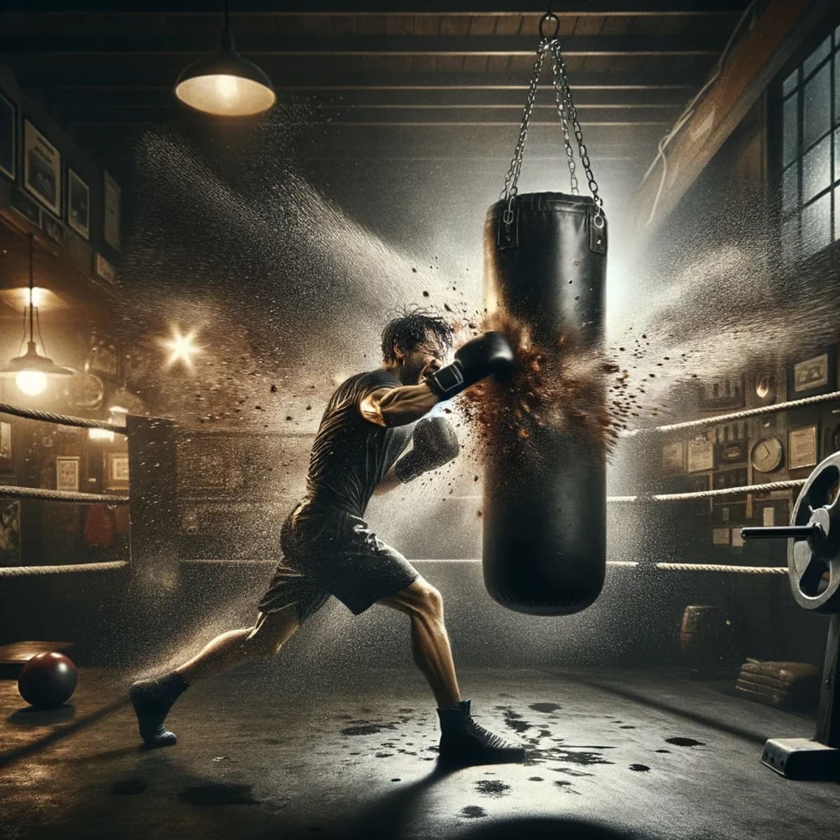 Boxer training with powerful punch on heavy bag in gritty gym.