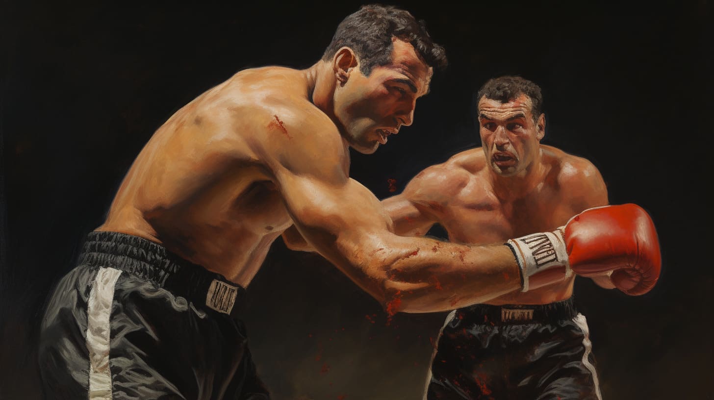 Dynamic boxing match painting depicting two muscular boxers in the ring during a fight