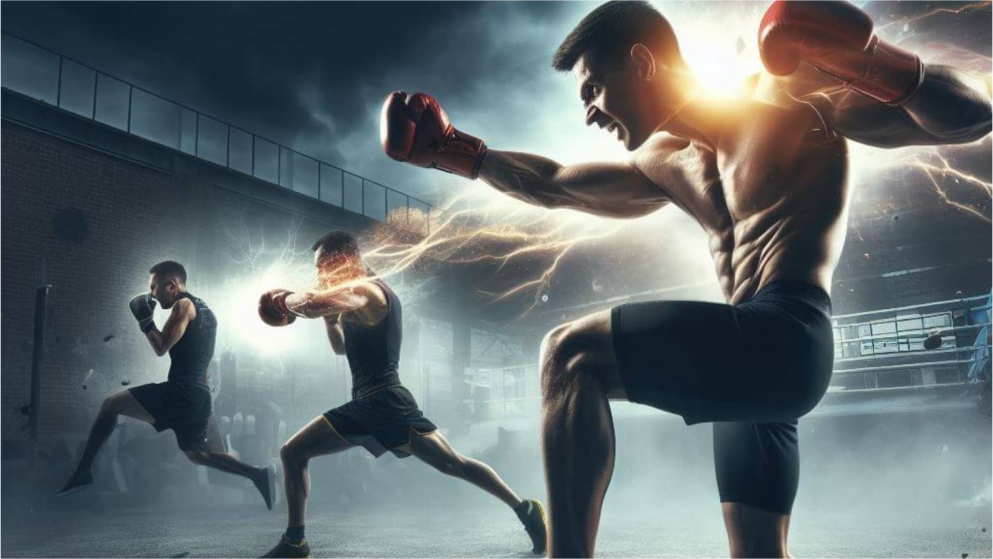 Intense boxing workout with two men sparring and lightning effects
