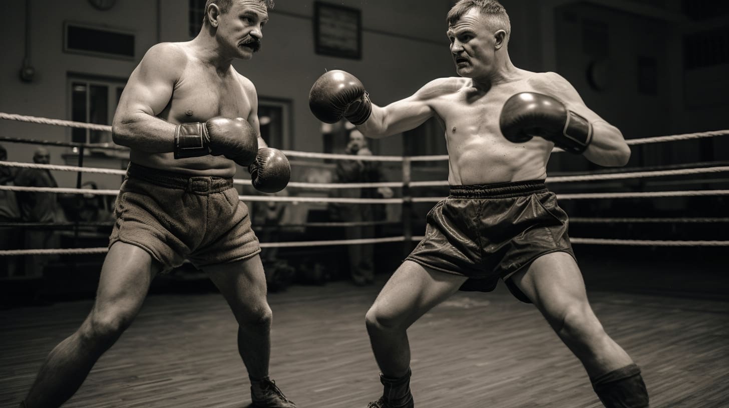 Two vintage boxers facing off in a boxing ring