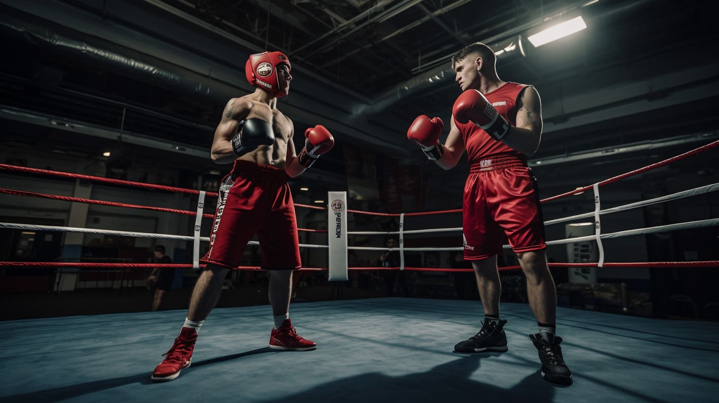 Two boxers facing each other in a boxing ring ready to spar.