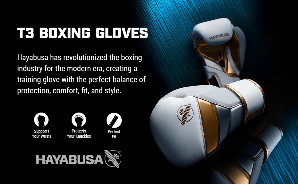 Hayabusa T3 Boxing Gloves highlighting wrist support, knuckle protection, and perfect fit on a textured background.