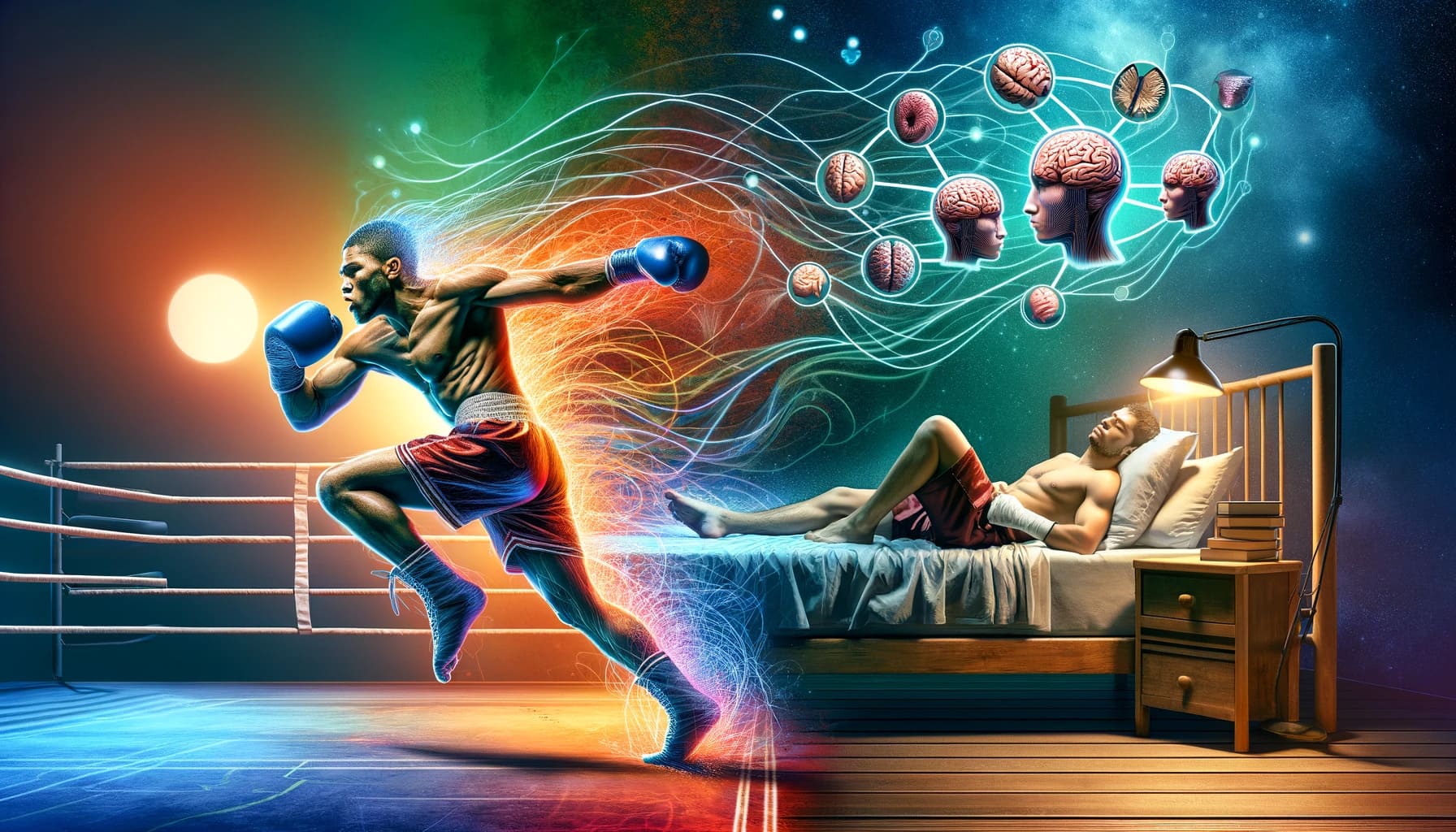 Dreaming of boxing success with dynamic visual effects linking a sleeping man and an active boxer.