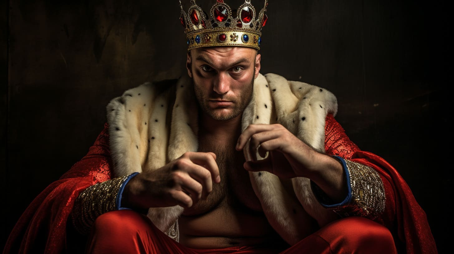 Man in royal king costume with crown and fur cloak looking intense