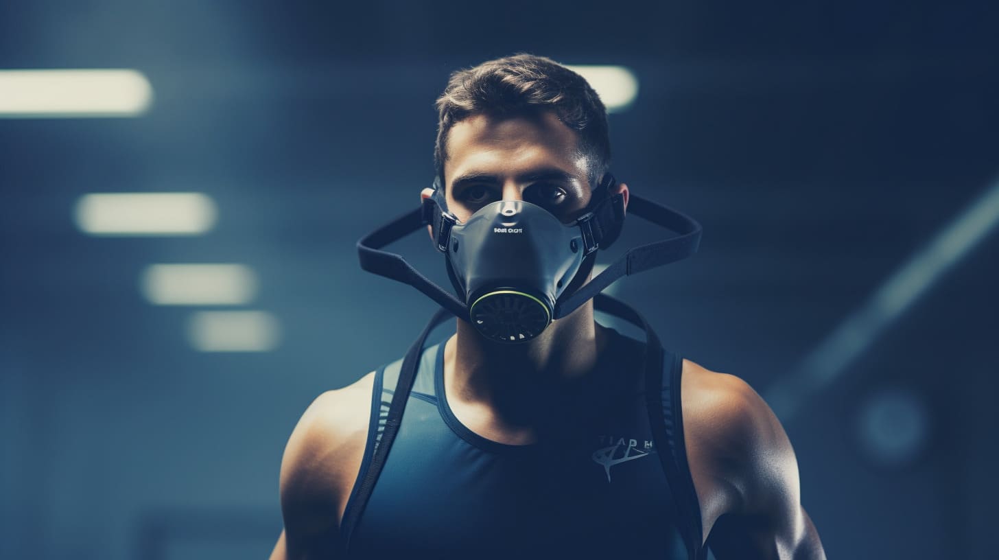 Man wearing a high-altitude training mask in a gym setting