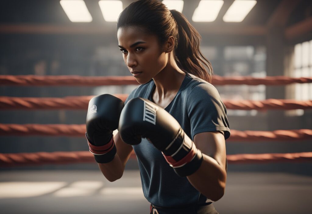 A woman in a boxing stance, focused and determined, throwing a powerful punch with precision and speed. The intensity and strength in her movements are evident, showcasing the benefits of boxing for women