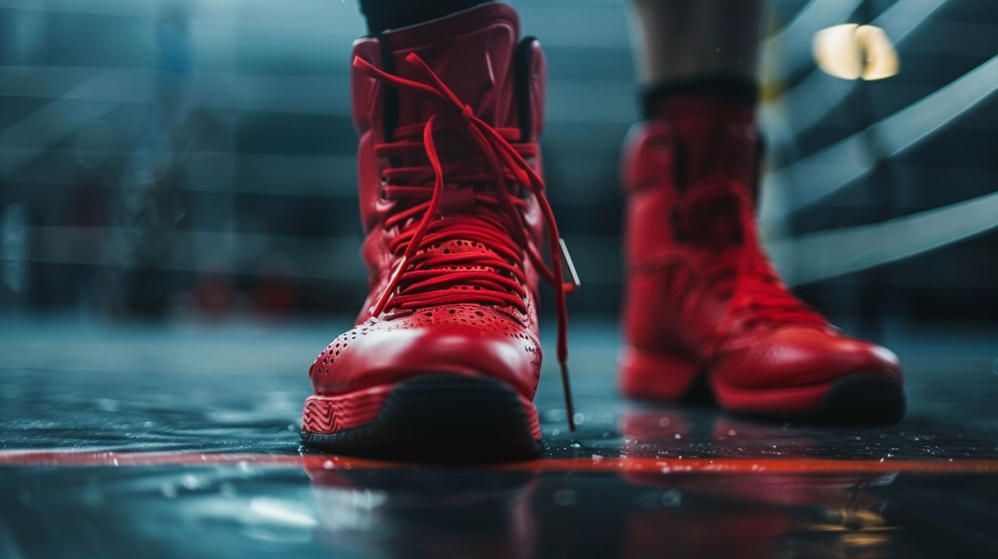 Close-up of red high-top sneakers on a reflective wet floor with blurred background