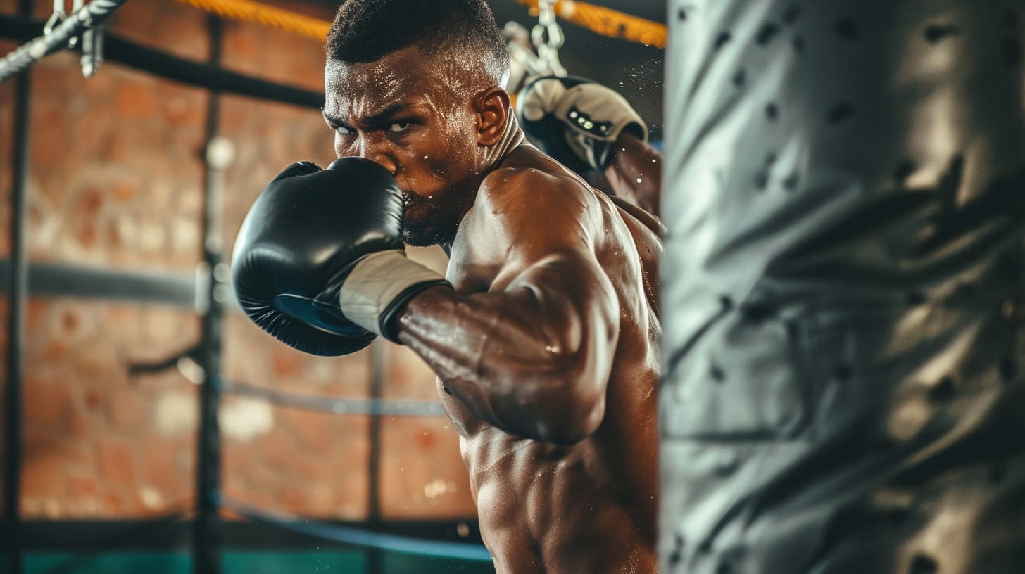 bierglas A boxer punching a heavy bag in the gym ca5047d6 f383 40f9 ab7f f6bc59dde819