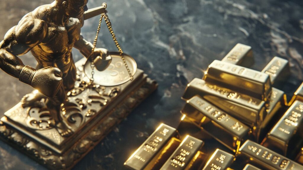 Bronze statue of Lady Justice with scales on a desk next to stacked gold bars.