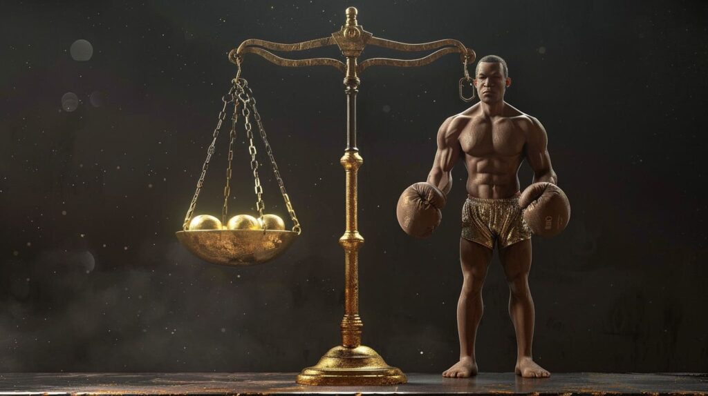 bierglas A giant scale weighing a boxer and gold e2e3462b b120 4f16 8e0a 5dfd52e4b8e4