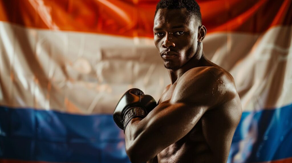 Confident male boxer with gloves against national flag background.