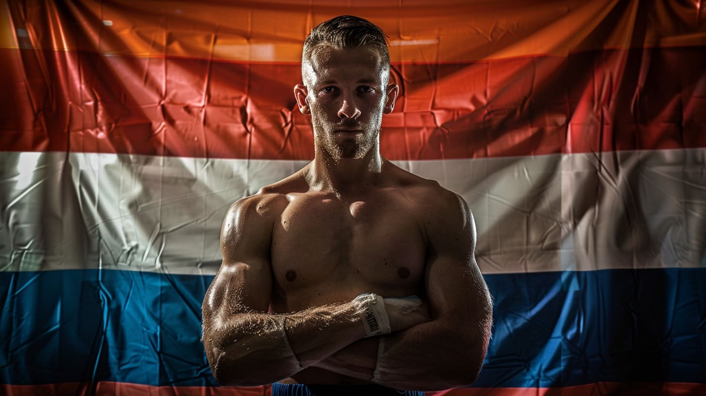 Boxer posing confidently in front of a Dutch flag