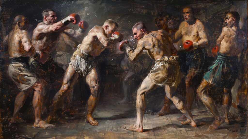 Intense boxing match painting with dynamic figures and dramatic lighting contrasts.