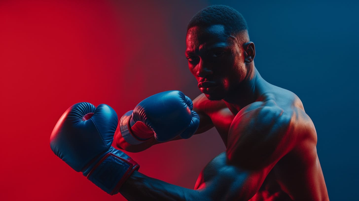 Focused male boxer with blue gloves ready to fight in a red and blue lit ring