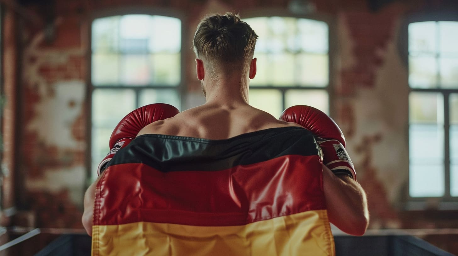 Rear view of a boxer with red gloves wearing a German flag cape in a gym setting
