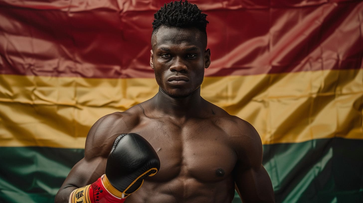 Boxer poised for training in front of Ghana flag