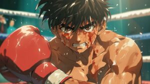 Animated boxing match scene with determined fighter in red gloves.