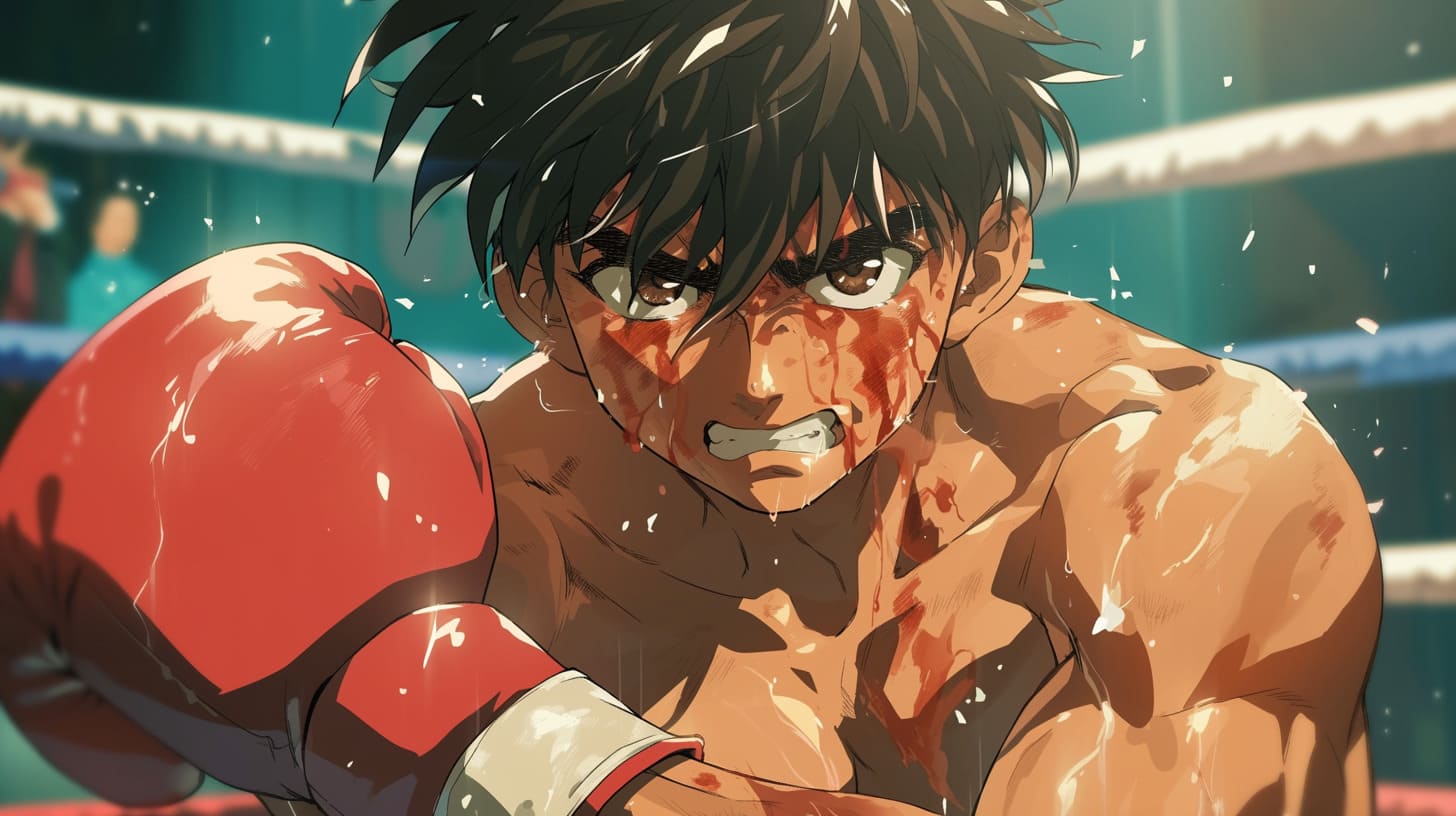 Animated boxing match scene with determined fighter in red gloves.