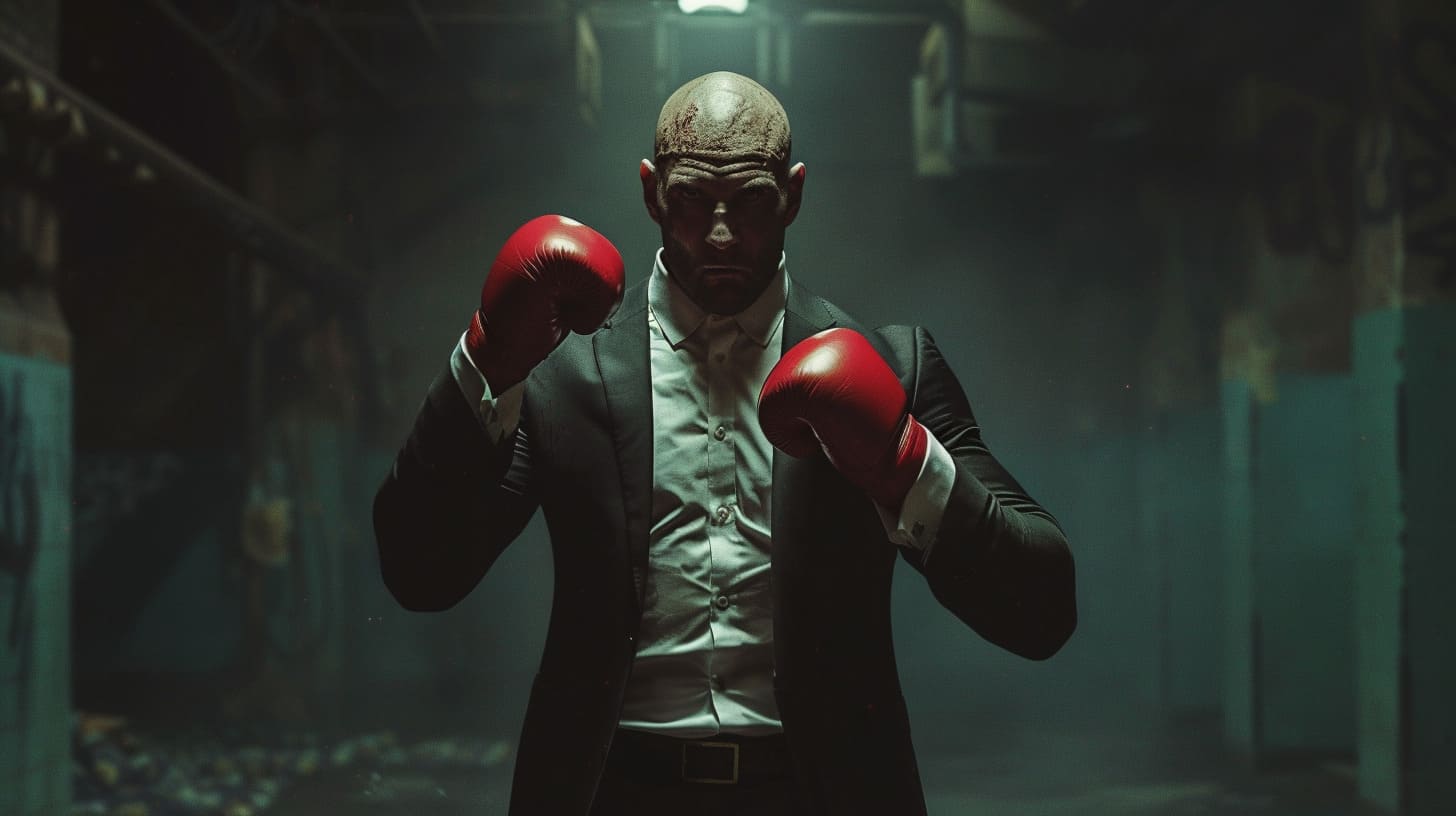 Intense businessman in suit with boxing gloves ready to fight in a gritty urban setting.