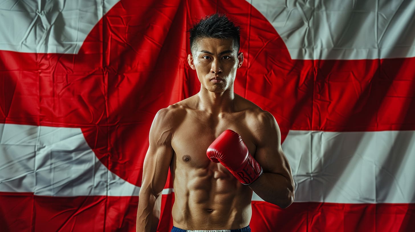 Japanese boxer in red gloves posing in front of Japan flag